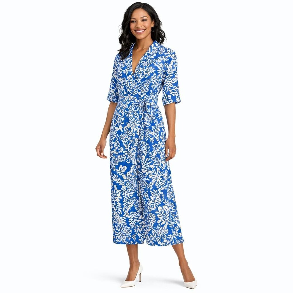 ZARA Large Blue & White Floral Belted Button-Down Midi Dress L Linen Blend Moroc